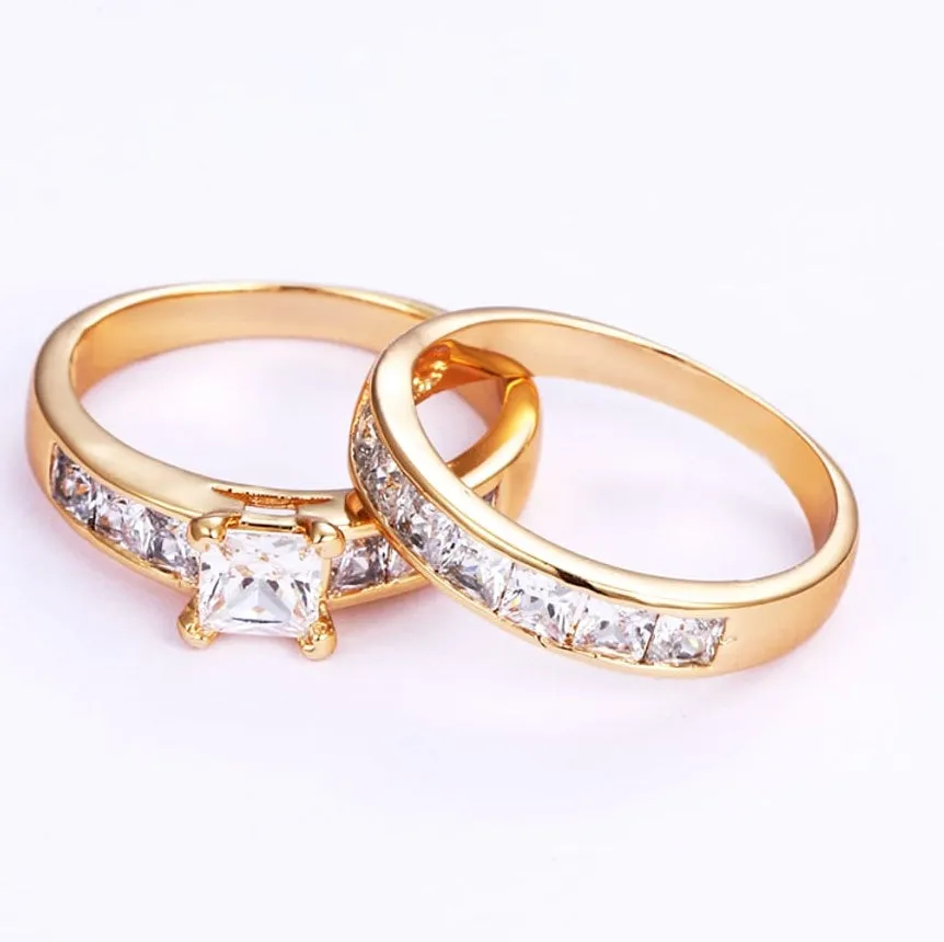 18K Gold plated  Princess Cut Wedding Ring Set