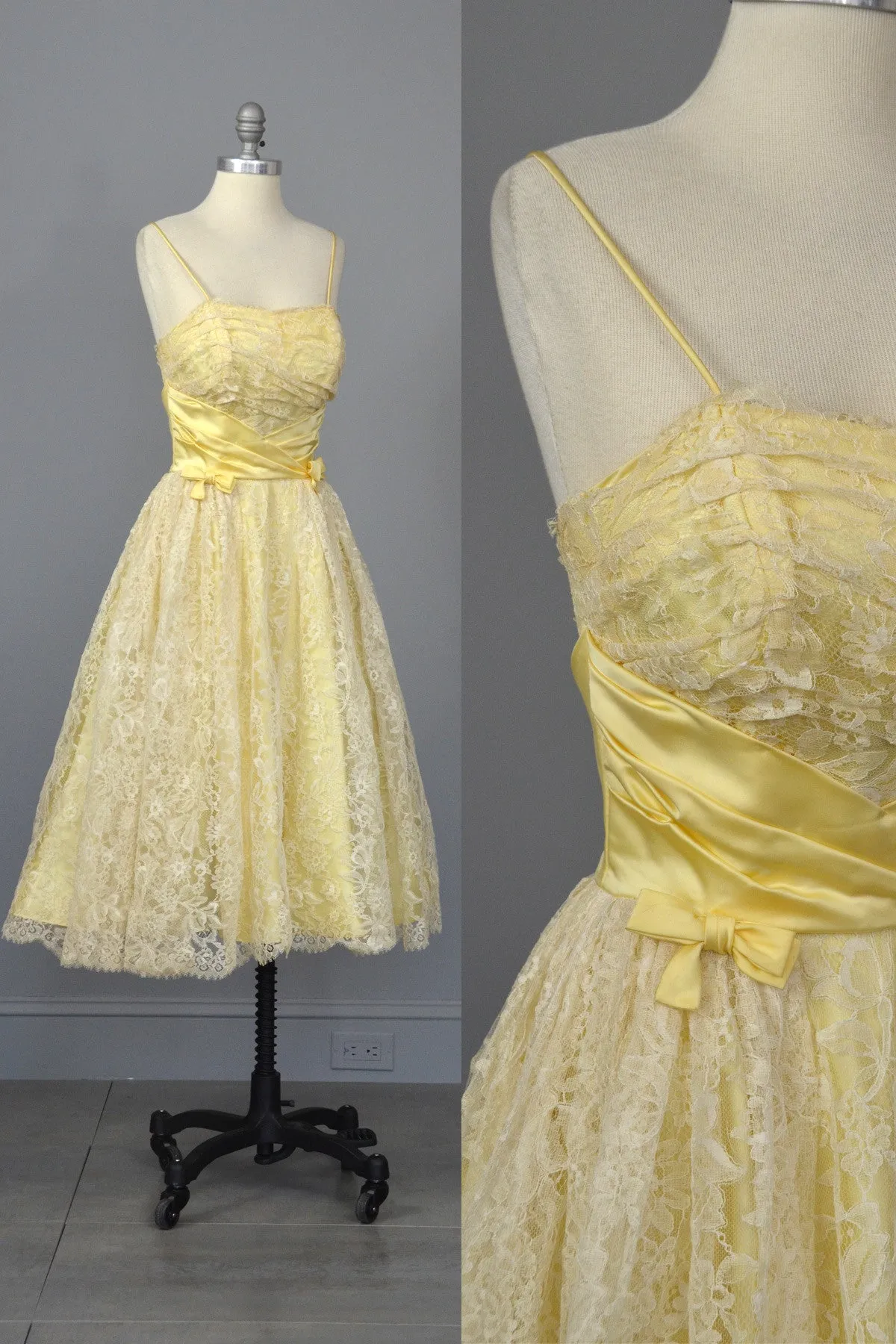 1950s White Lace Buttercup Party Prom Dress