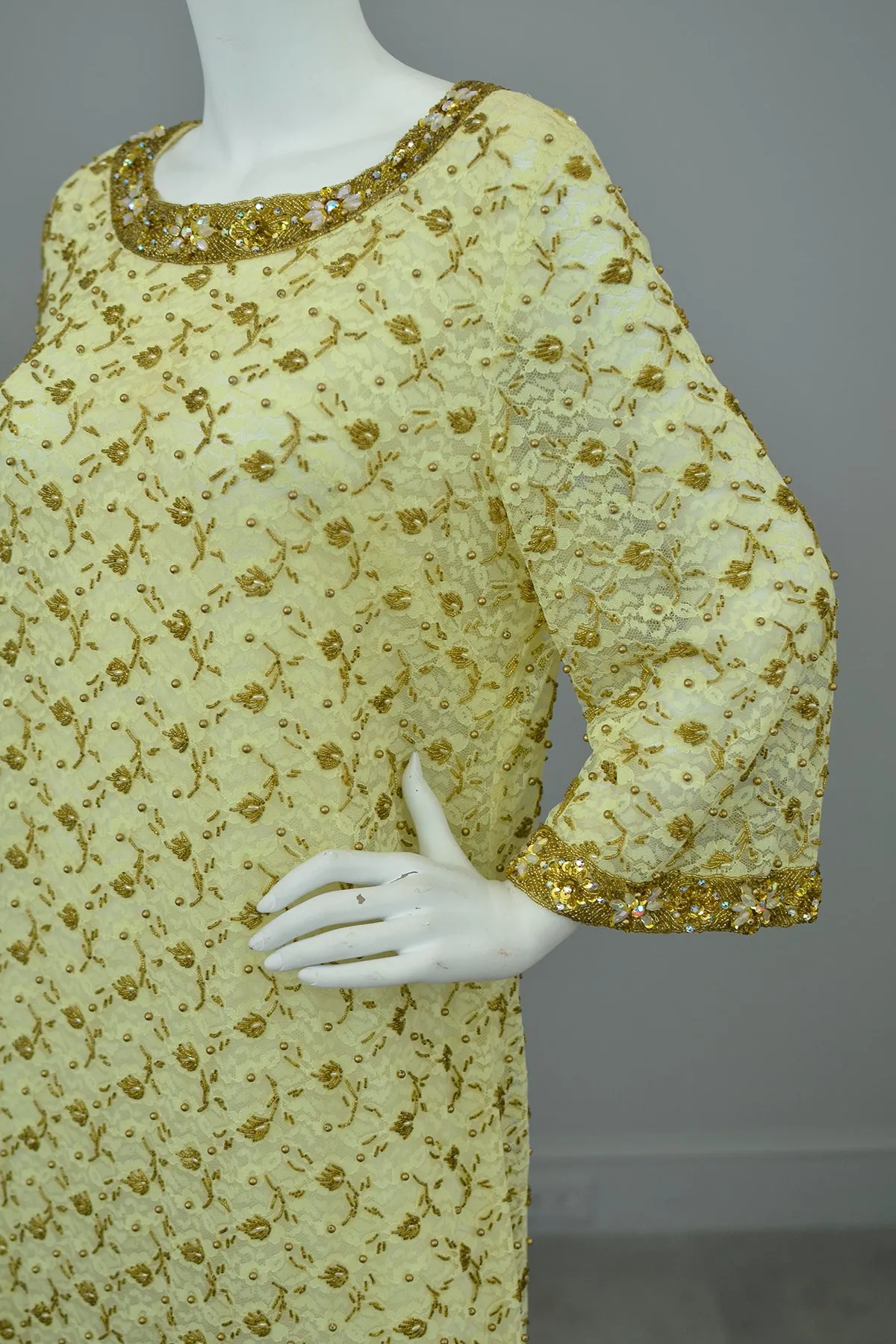 1960s Gold Beaded Lace Bell Sleeves Party Dress