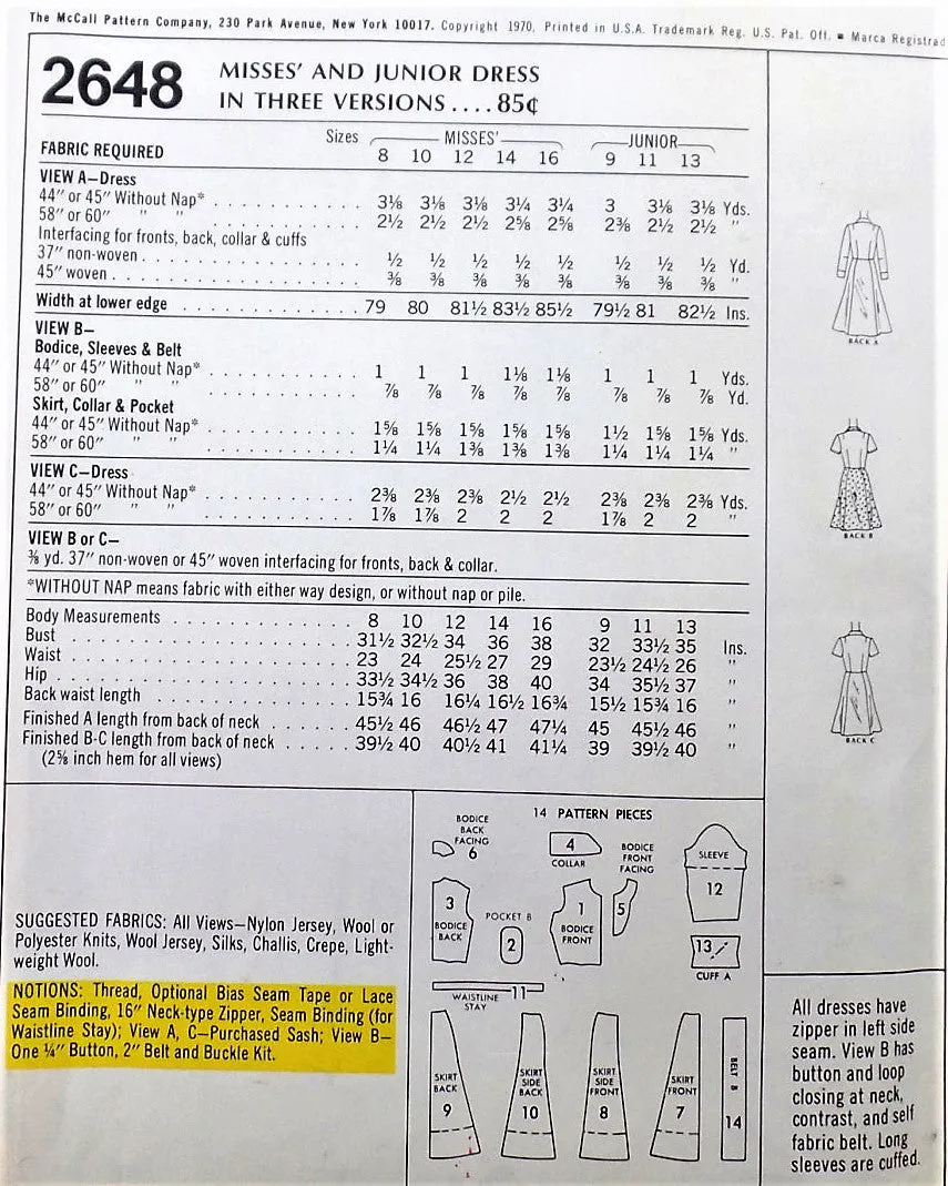 70s McCALLS 2648 Day or Party Dress and Sash Flirty Gored Skirt 3 Versions Bust 34 Vintage Sewing Pattern UNCUT