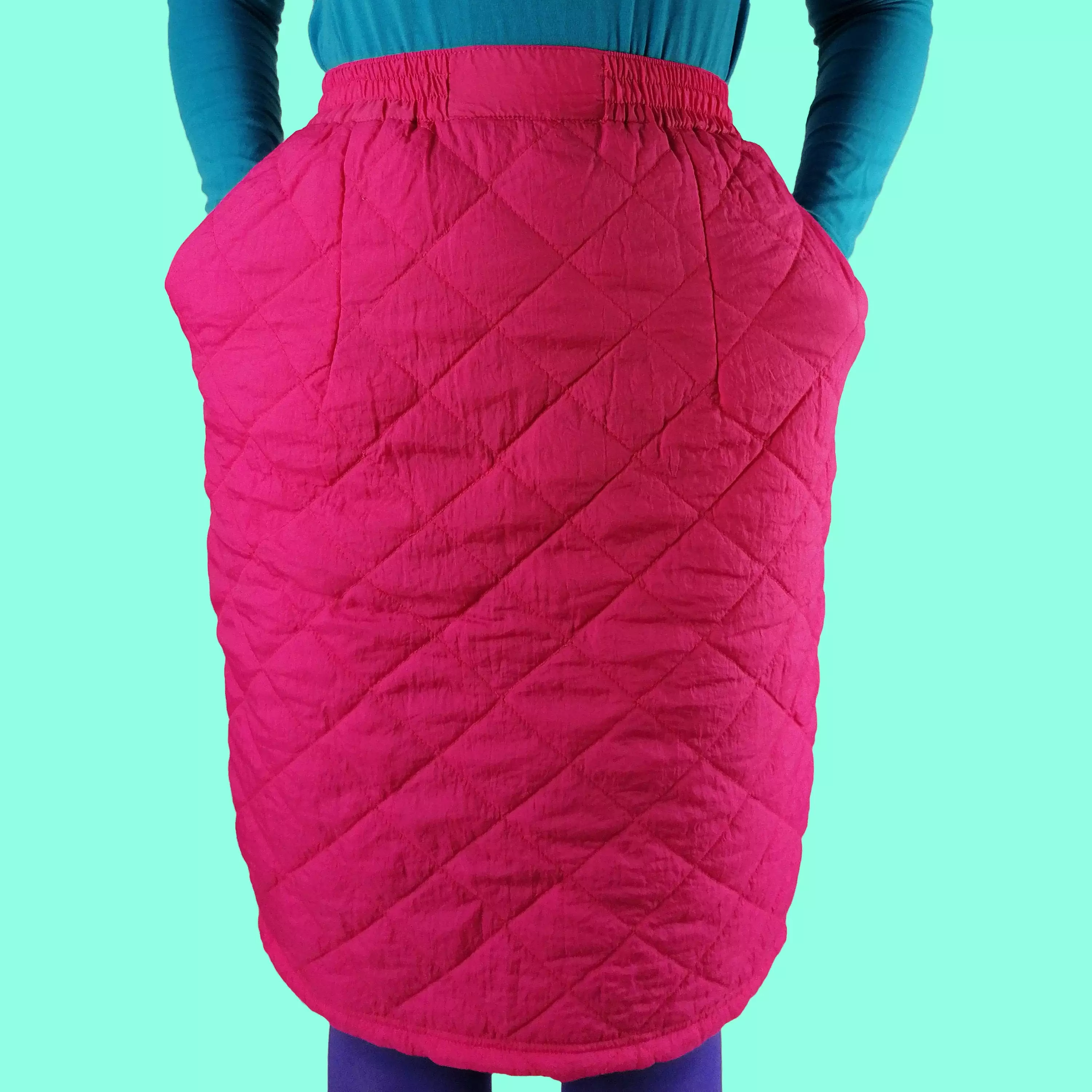 80's Quilted Skirt Nylon Padded High Waist in Pink ~ size S-M