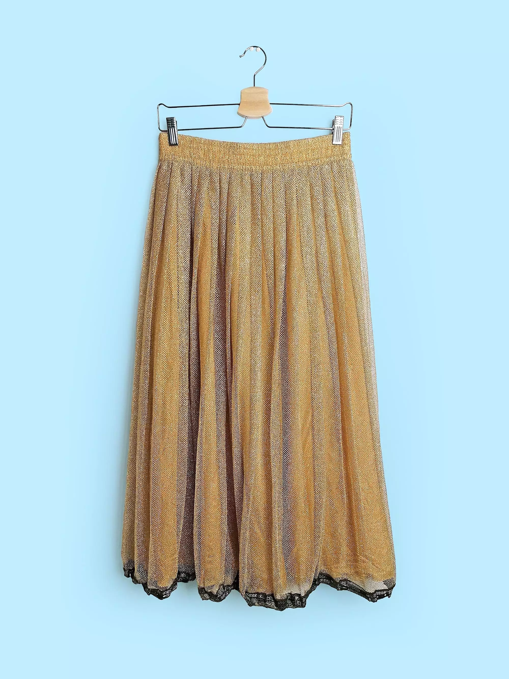 80's VERA MONT Gold Mesh Full Skirt - size M-L / UK 14 / F 42