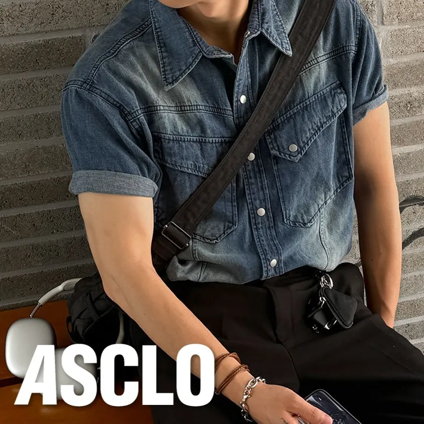 ASCLO  |Casual Style Unisex Denim Street Style Cotton Short Sleeves