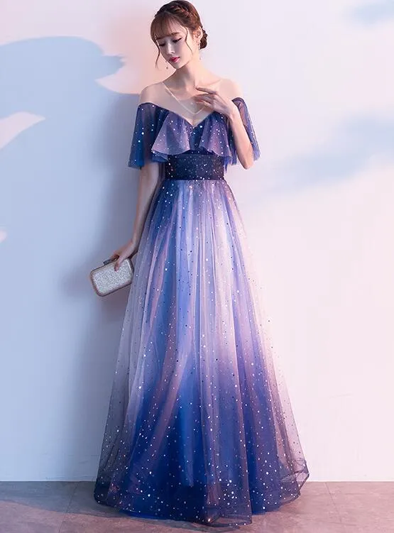 Beautiful Blue Tulle Gradient Long Bridesmaid Dress, Wedding Party Dress