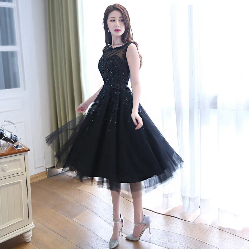 Beautiful Handmade Tea Length Tulle Black Party Dress, Black Bridesmaid Dress