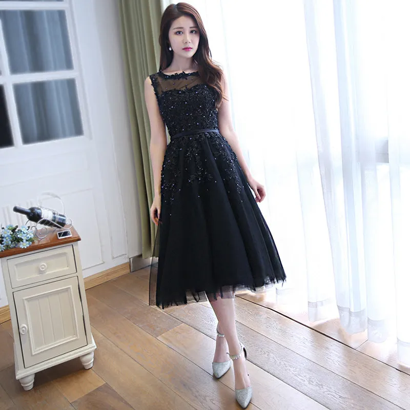 Beautiful Handmade Tea Length Tulle Black Party Dress, Black Bridesmaid Dress