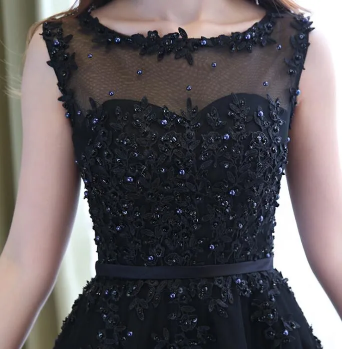 Beautiful Handmade Tea Length Tulle Black Party Dress, Black Bridesmaid Dress