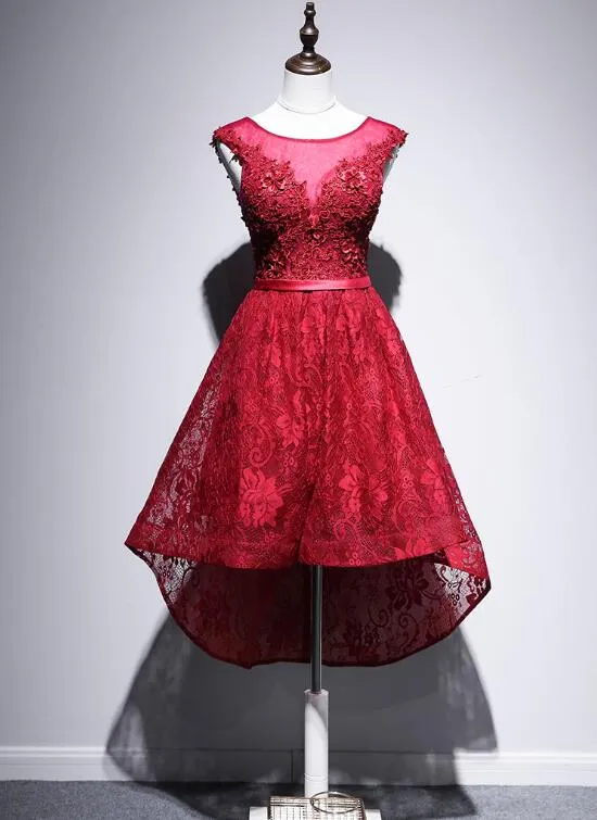 Beautiful High Low Lace Dark Red Party Dress, High Low Homecoming Dress