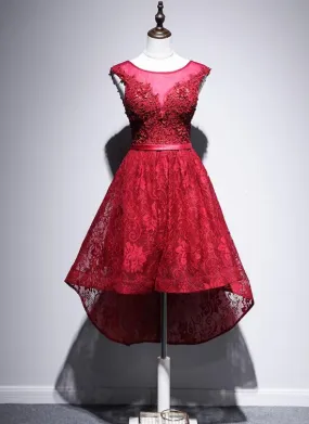 Beautiful High Low Lace Dark Red Party Dress, High Low Homecoming Dress