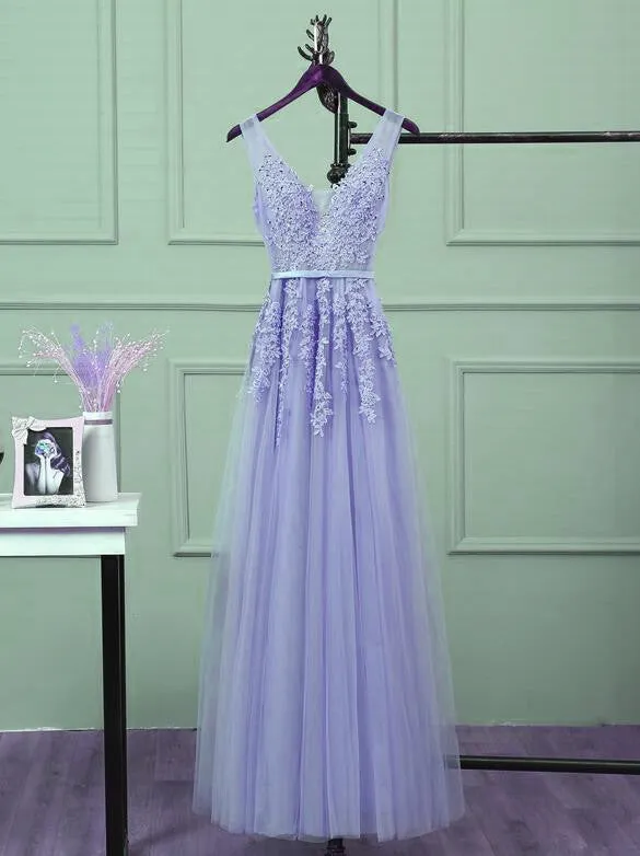 Beautiful Light Purple Tulle Long Party Gown, A-line V-neckline Prom Dress