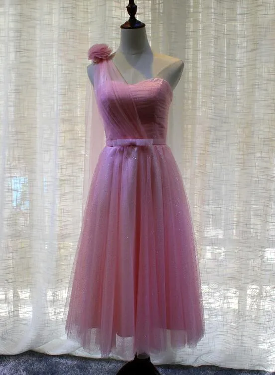 Beautiful Pink One Shoulder Tea Length Wedding Party Dress, Cute Party Dress