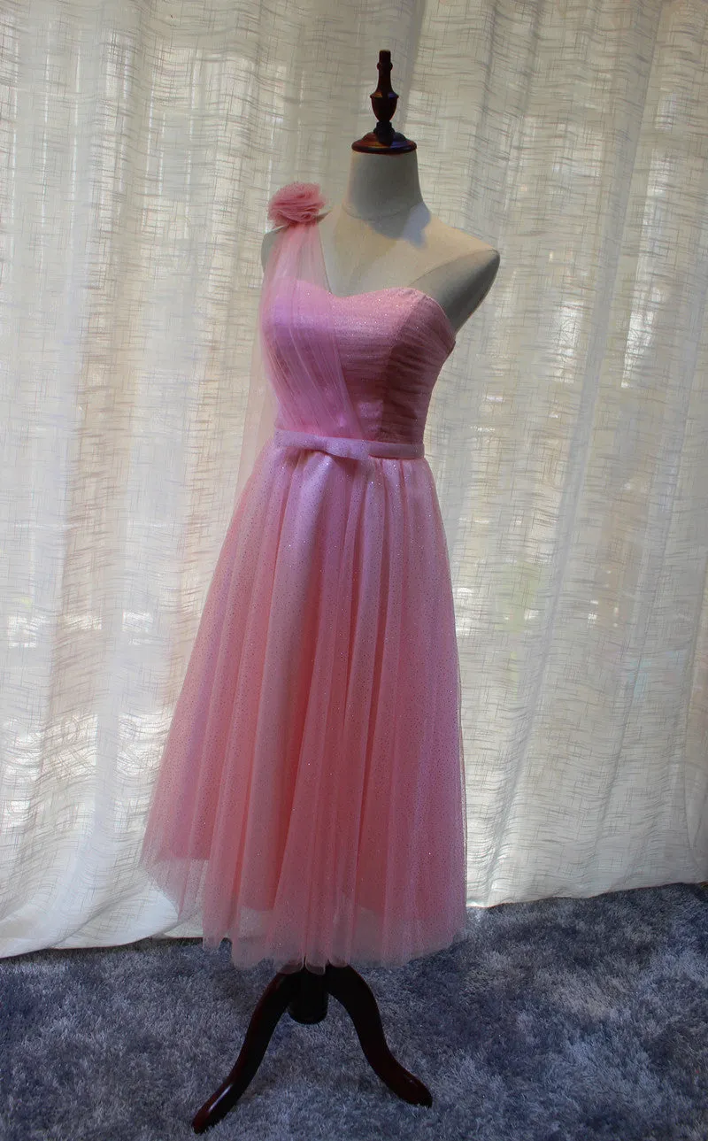 Beautiful Pink One Shoulder Tea Length Wedding Party Dress, Cute Party Dress