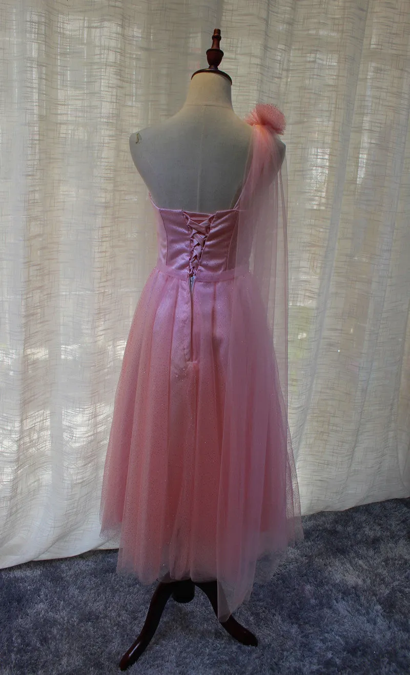 Beautiful Pink One Shoulder Tea Length Wedding Party Dress, Cute Party Dress