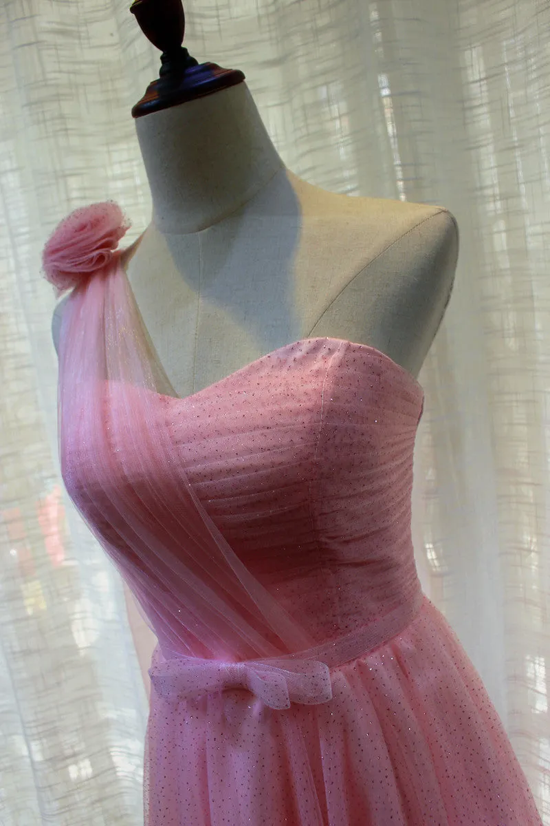 Beautiful Pink One Shoulder Tea Length Wedding Party Dress, Cute Party Dress