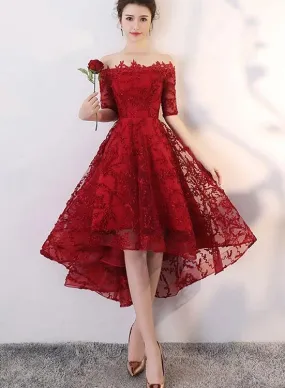 Beautiful Wine Red Lace Party Dress, High Low Prom Dress