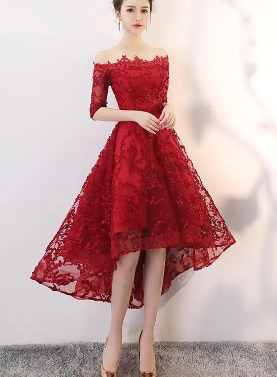 Beautiful Wine Red Lace Party Dress, High Low Prom Dress