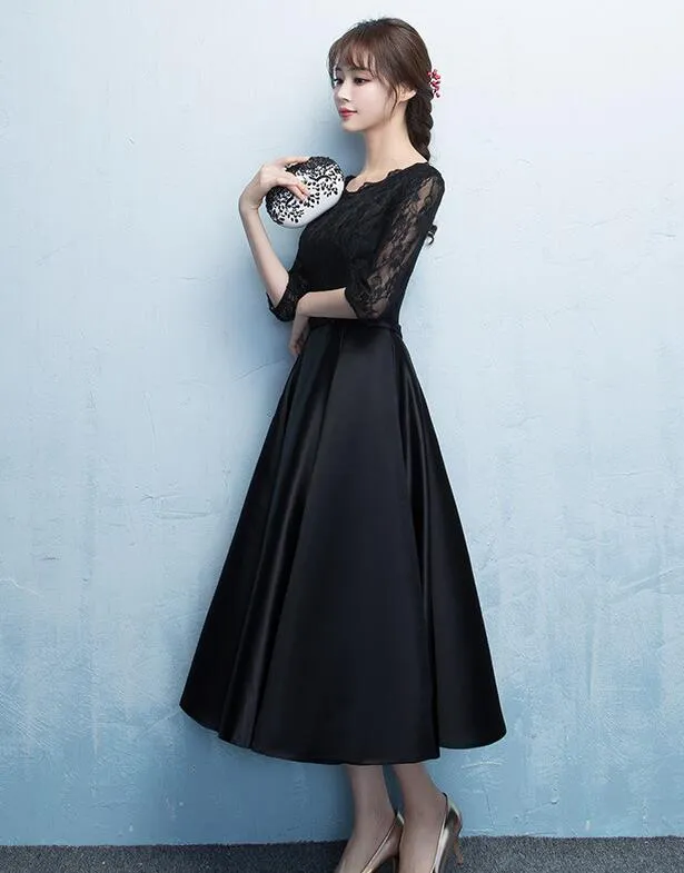 Black Satin Tea Length Party Dress, Black Prom Dress