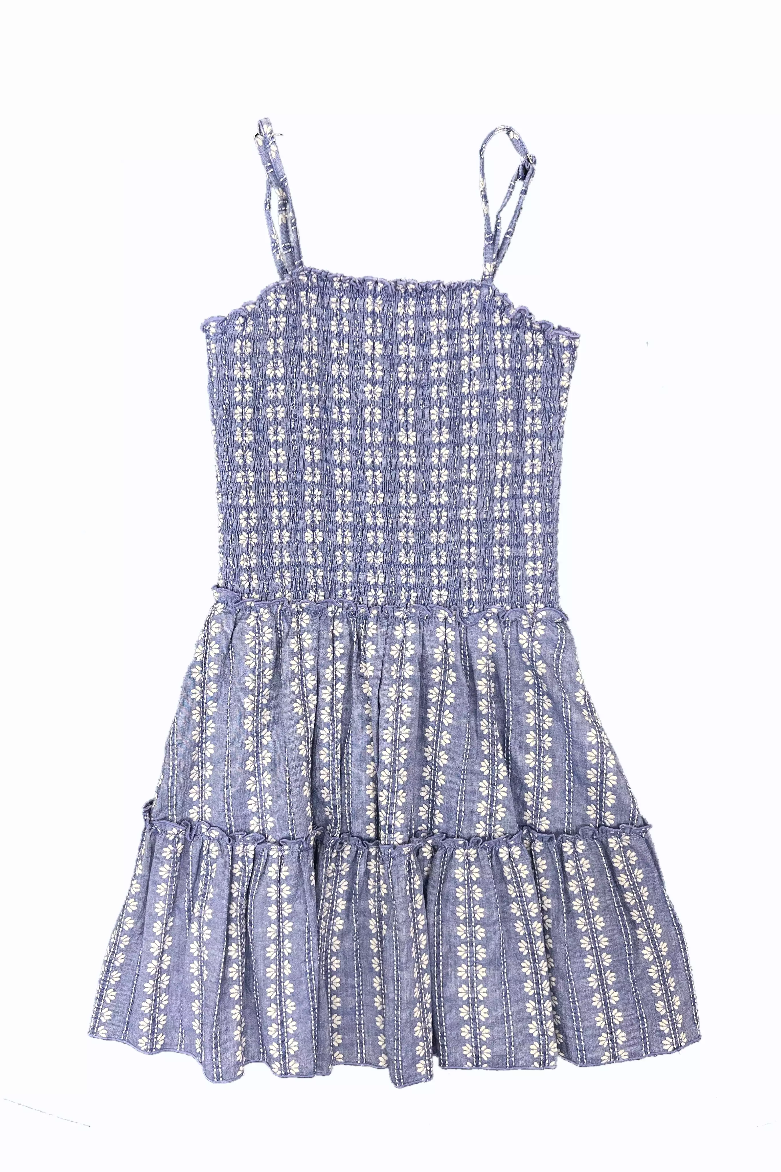 Blue Ivory Eyelet Smocked Bodice Flowy Dress