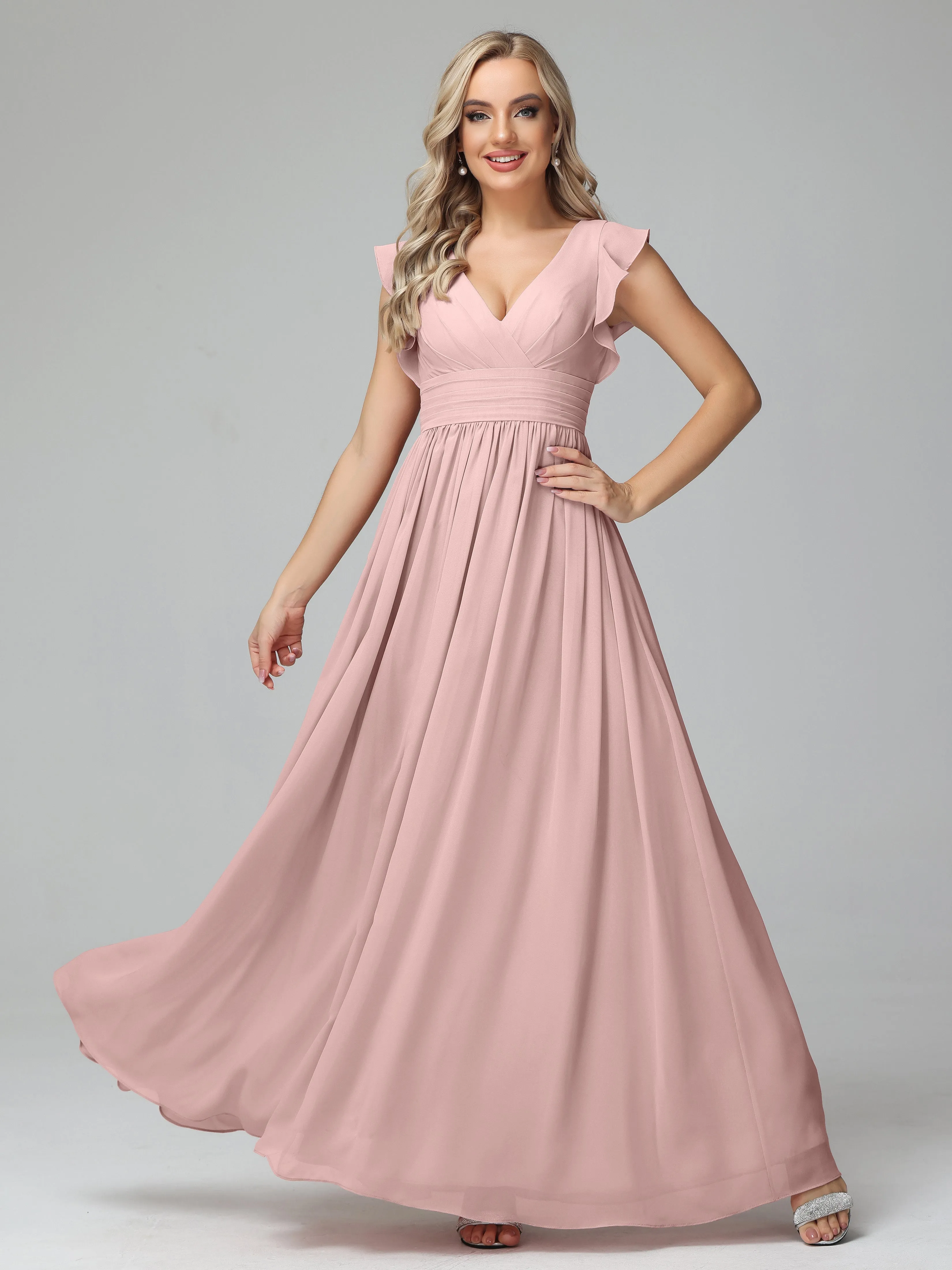 Bonnie Trapèze Mousseline Longue Robes Demoiselle d'Honneur en ROSE_POUDRE