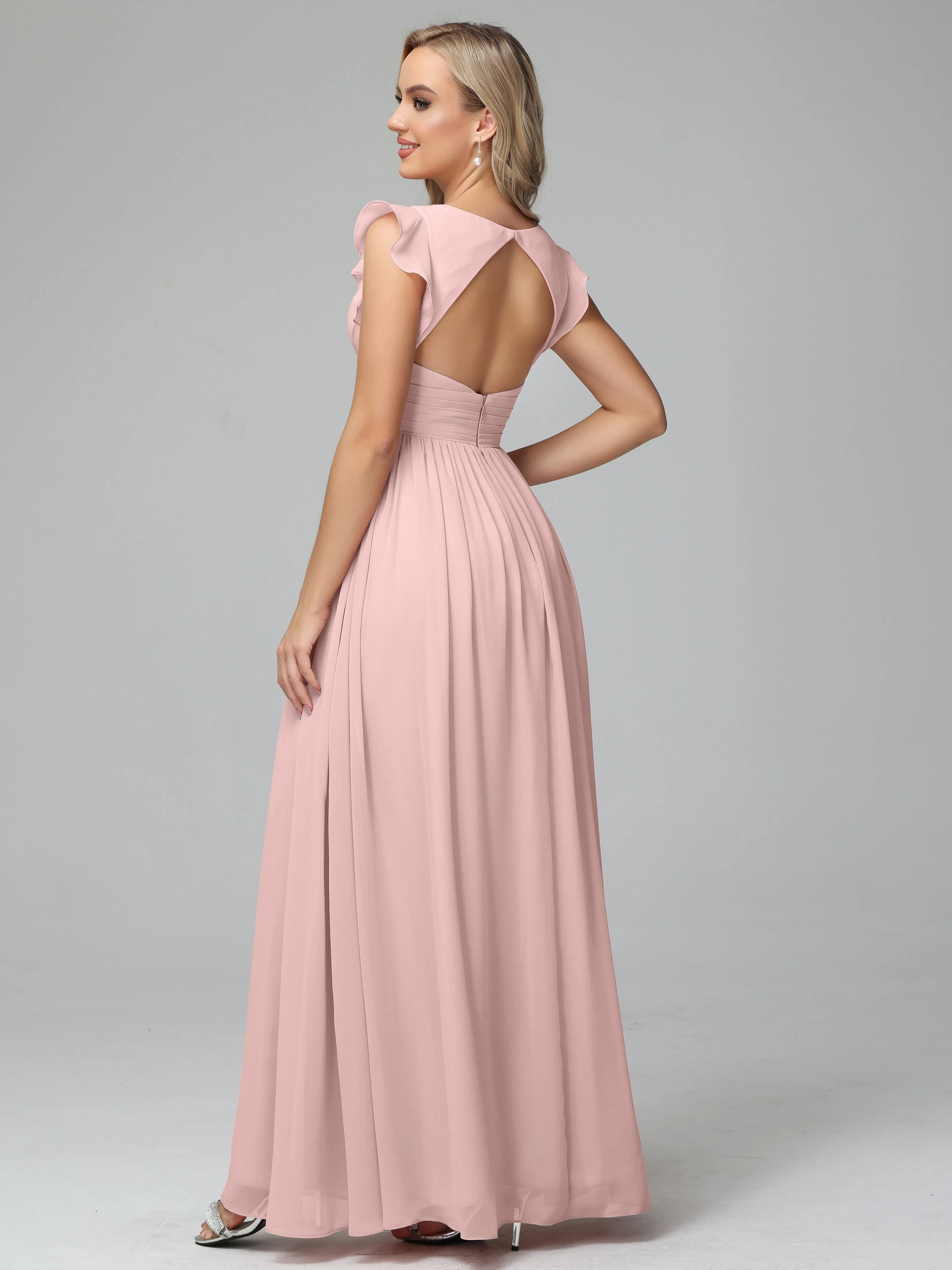 Bonnie Trapèze Mousseline Longue Robes Demoiselle d'Honneur en ROSE_POUDRE