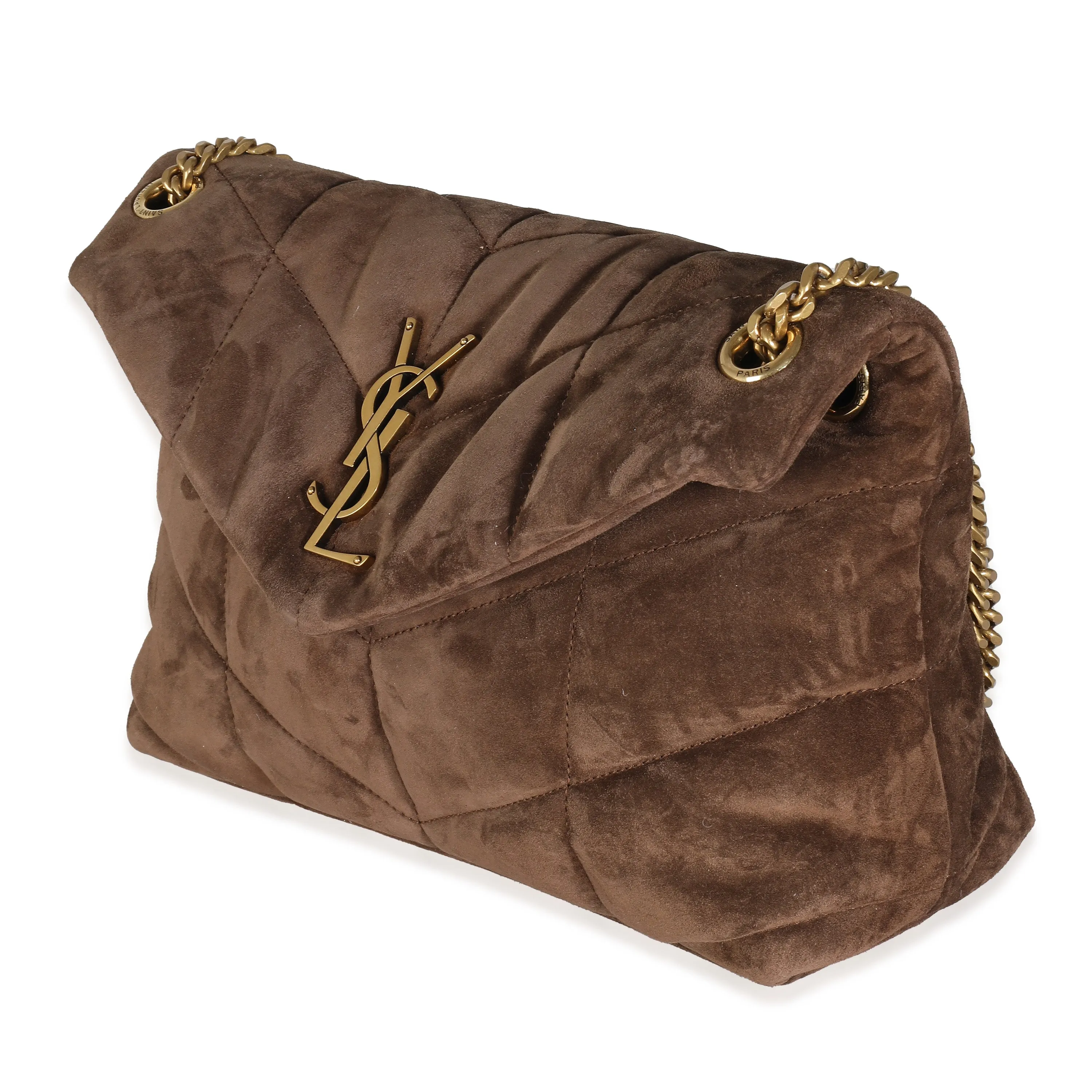 Brown Quilted Suede Small Puffer Bag