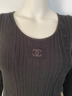 Chanel 05A Black Long Sleeve Ribbed CC Logo Sweater Dress FR 38 US 4/6