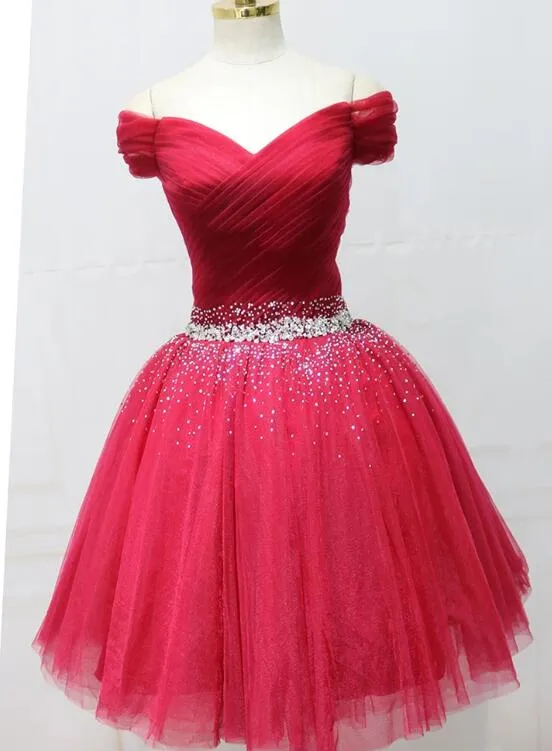 Charming Red Off Shoulder Tulle Short Party Dress, A-line Prom Dress