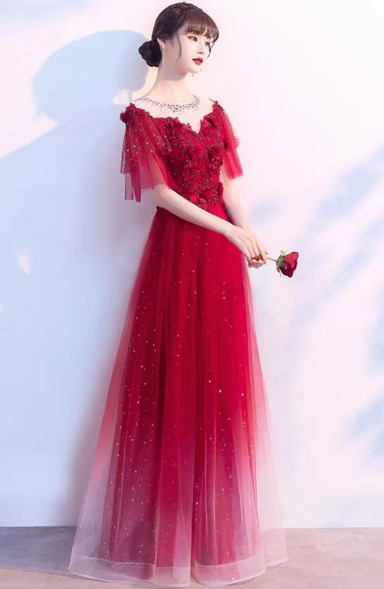 Charming Red Tulle Off Shoudler Gradient Party Dress, A-line Prom Dress