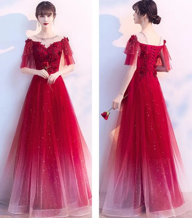 Charming Red Tulle Off Shoudler Gradient Party Dress, A-line Prom Dress