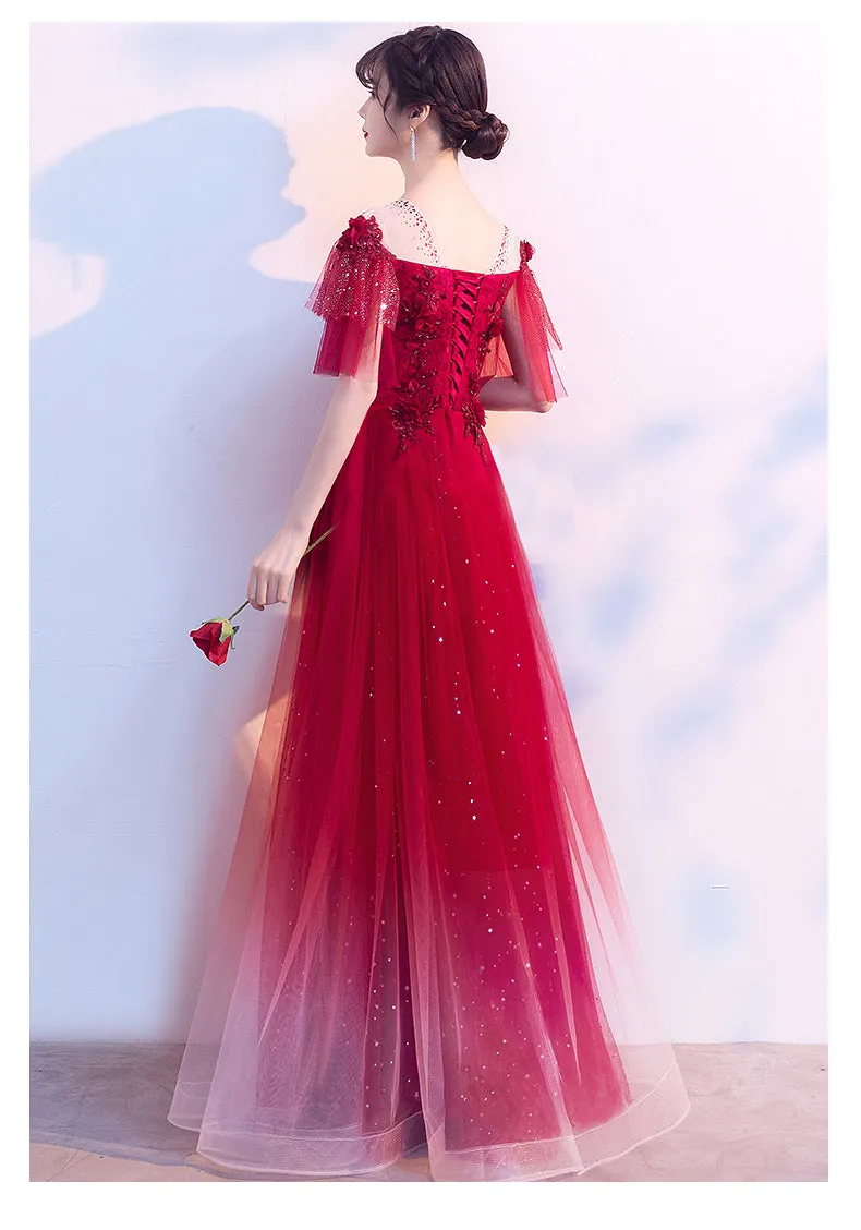 Charming Red Tulle Off Shoudler Gradient Party Dress, A-line Prom Dress