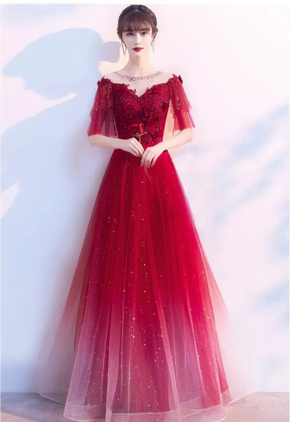 Charming Red Tulle Off Shoudler Gradient Party Dress, A-line Prom Dress