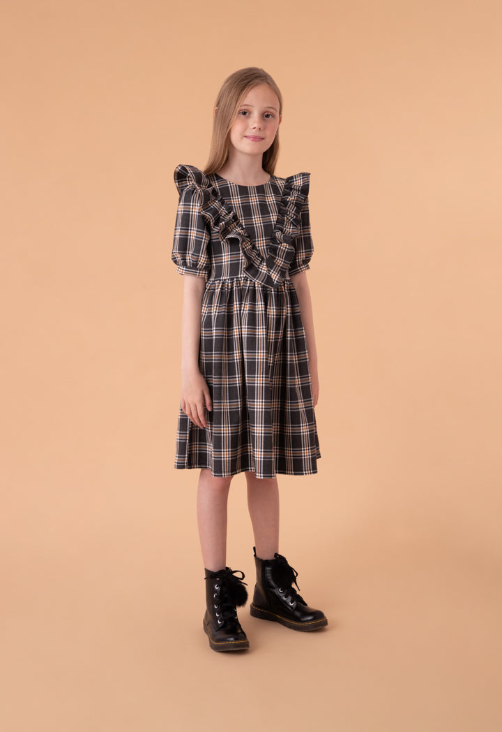 Check Ruffled Yoke Puff Dress