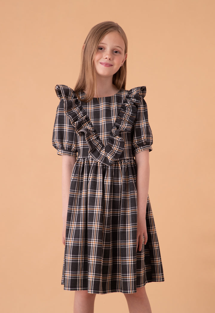 Check Ruffled Yoke Puff Dress