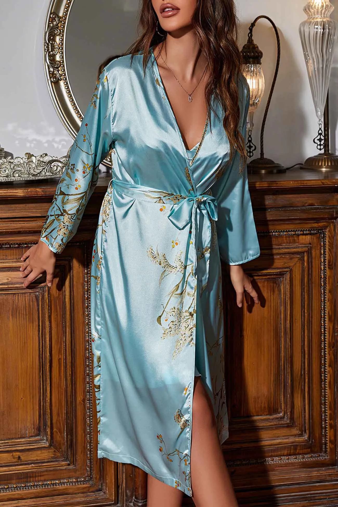 Cherry Satin V Neck Long Sleeve Robe Loungewear