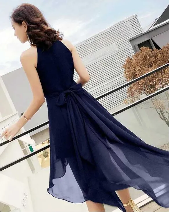 Chic High Low Chiffon Halter Party Dress with Belt, Beautiful Formal Dress