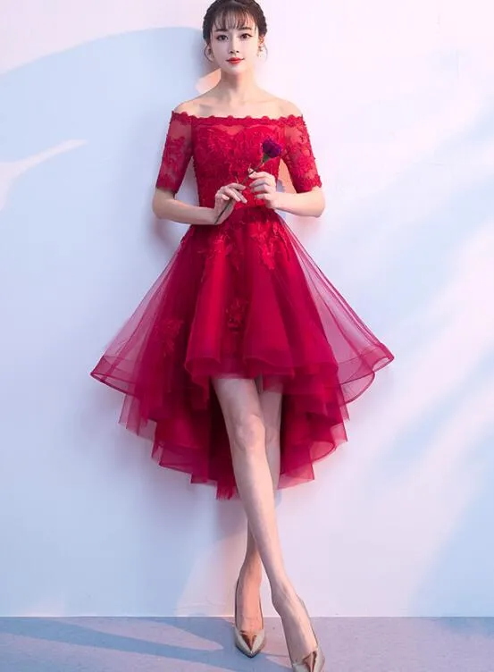 Chic Wine Red Round Party Dress , High Low Tulle Prom Dress