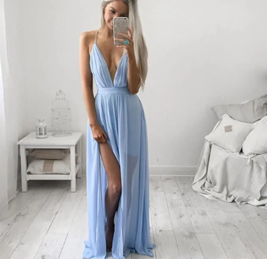 Chiffon Dress Sexy Backless Deep V-Neck Maxi Dress Bohemian Summer Long Party Beach Dress Vestidos De Festa Longo#121 SM6