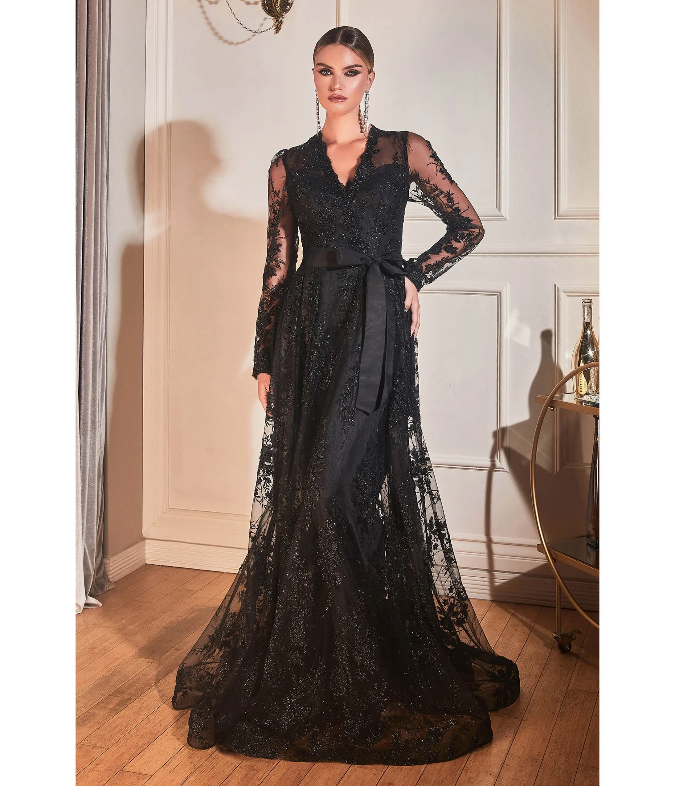 Cinderella Divine Black Long Sleeve Prom Gown