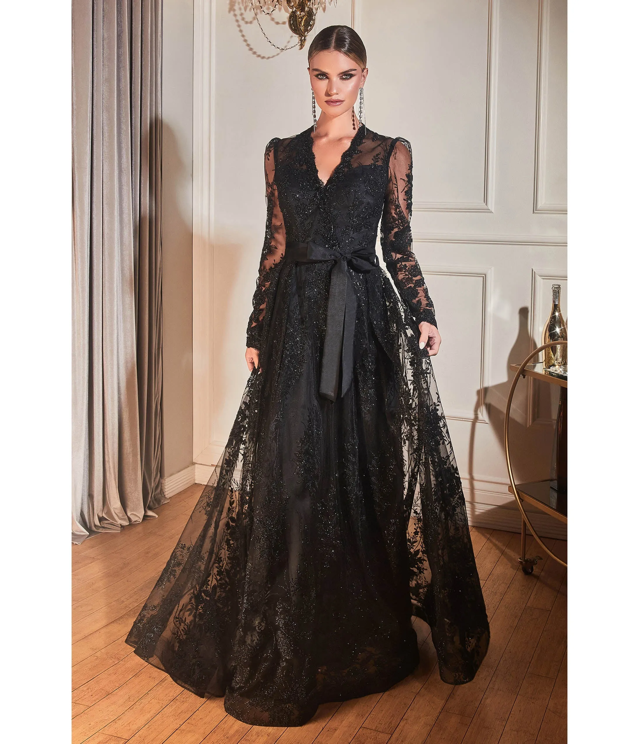 Cinderella Divine Black Long Sleeve Prom Gown