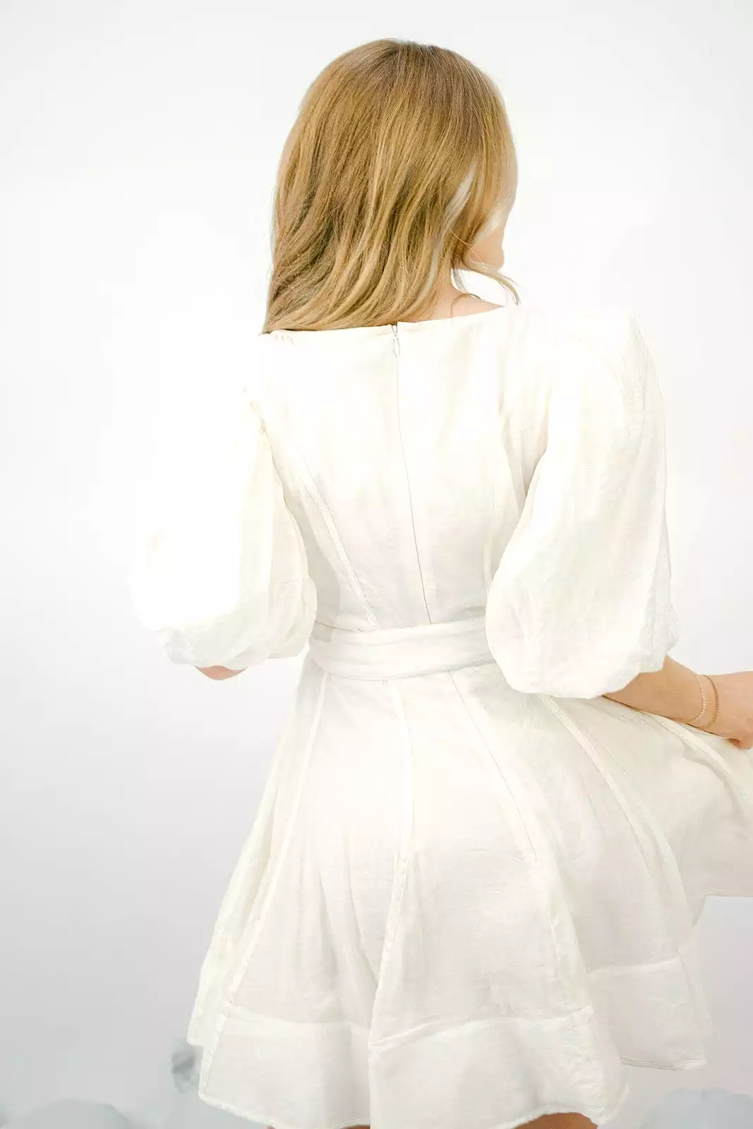 Cream Puff Sleeve Belted Mini Dress