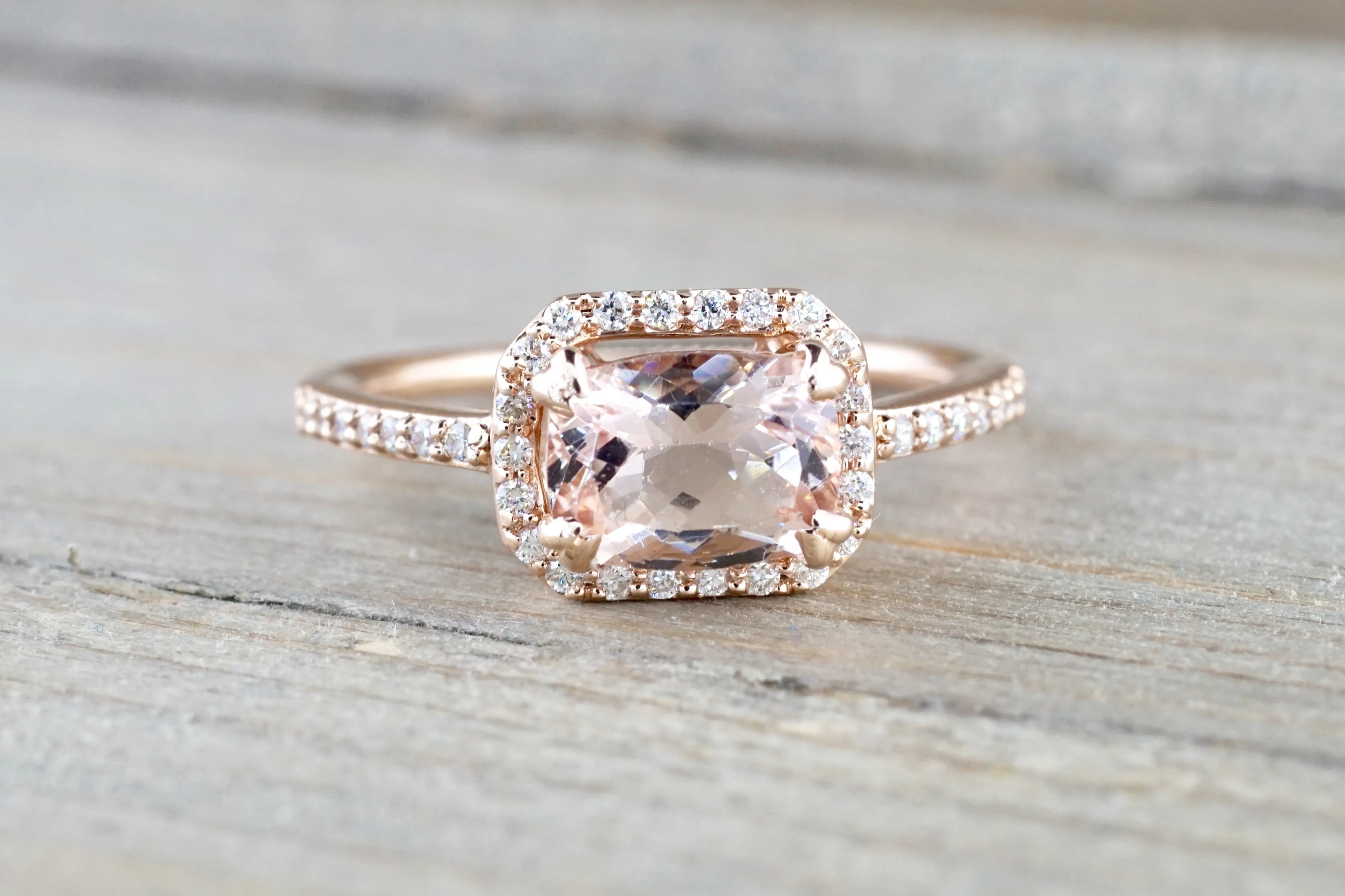 Cushion Morganite 14 Karat Rose Gold Sideways Diamond Halo Engagement Anniversary Promise Wedding Ring Band East West