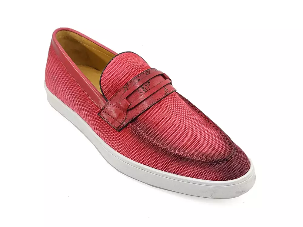 Embossed Leather Strap Linen Sneaker