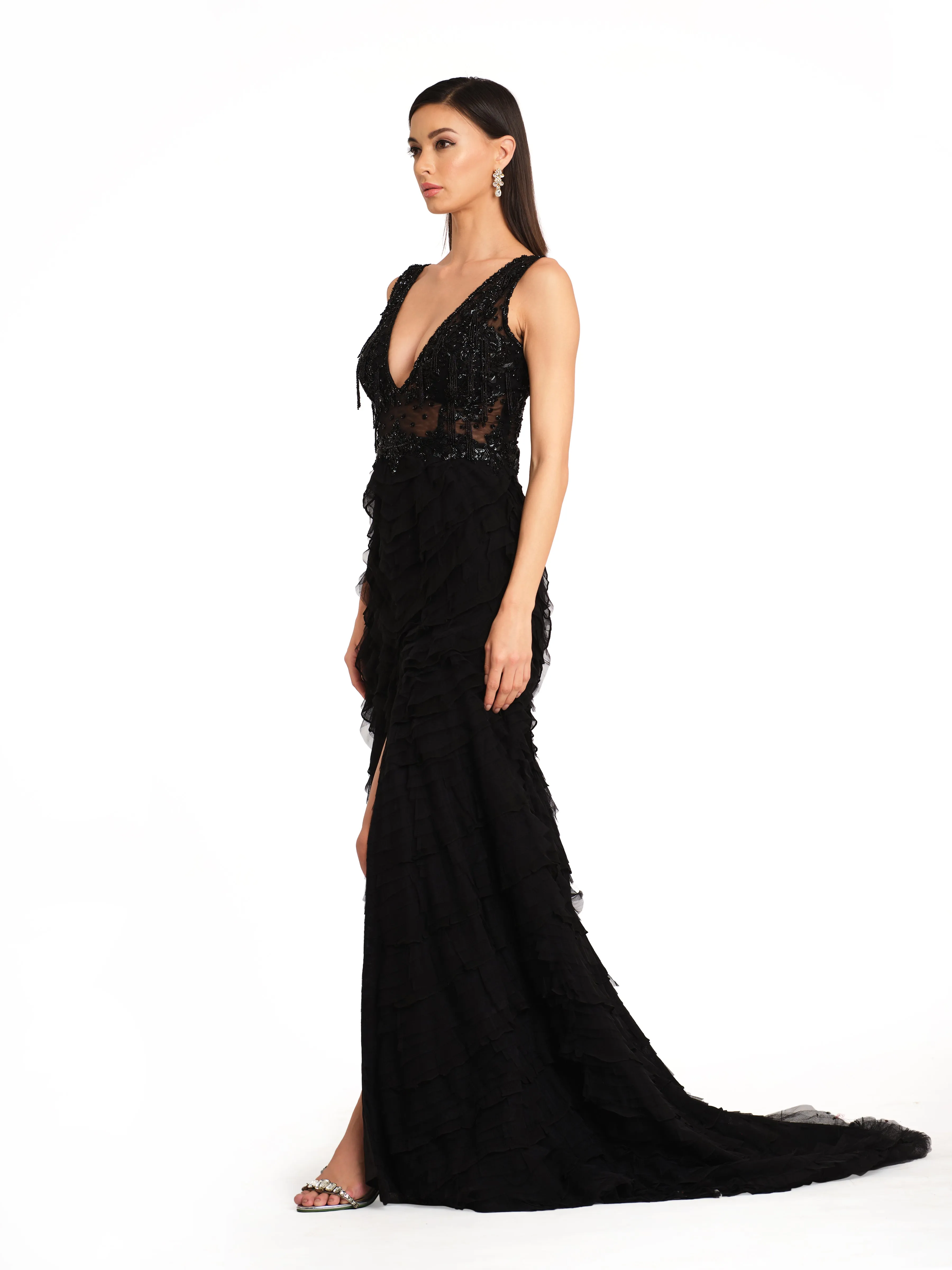 Embroidered Gown with Frill Detailing