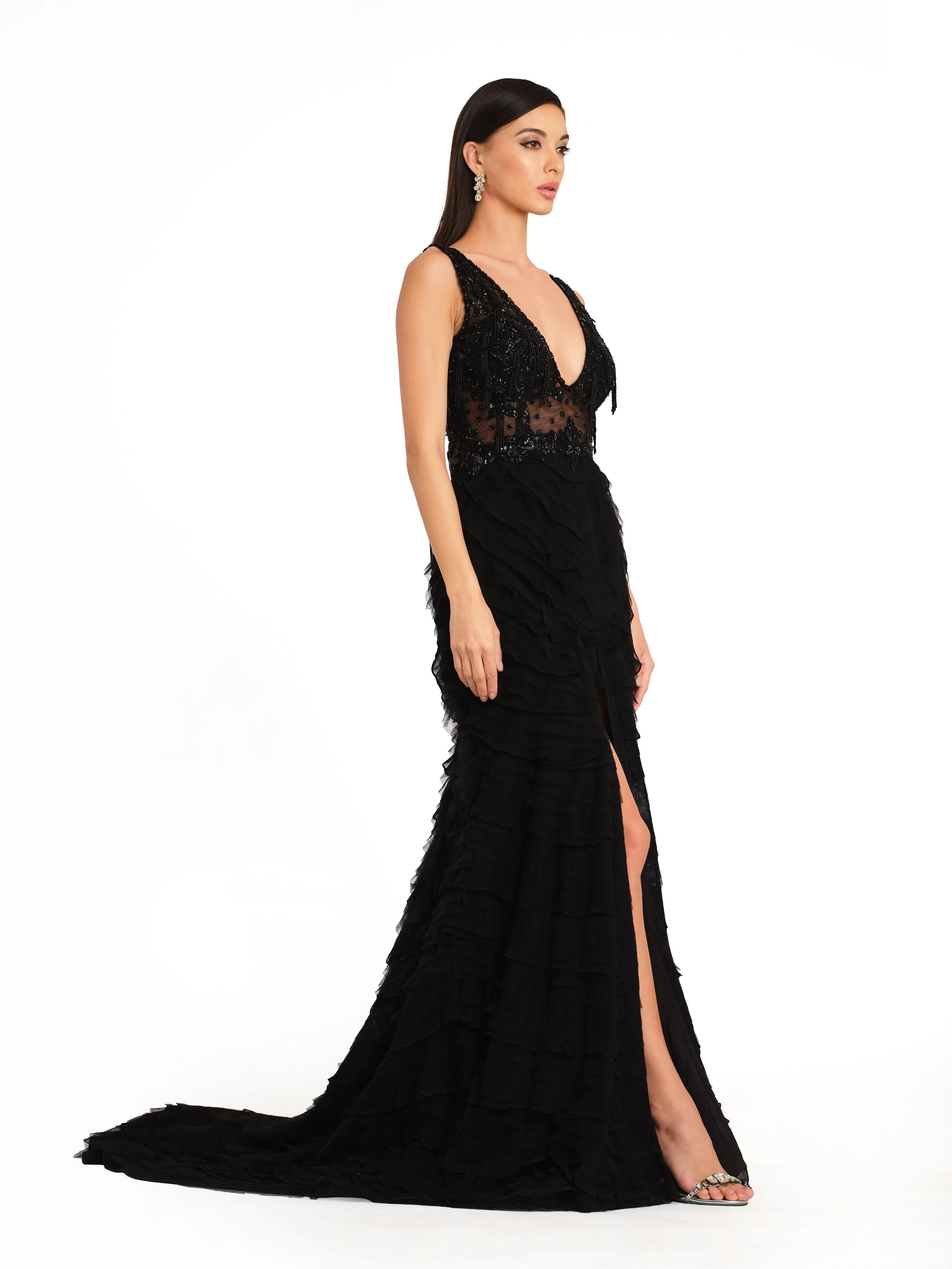 Embroidered Gown with Frill Detailing