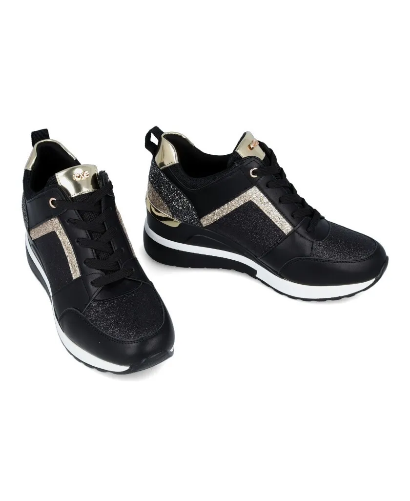 Exé EX2131 Shiny black sneakers with wedge