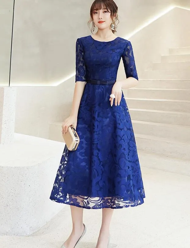 Fashionable Lace Blue Short Sleeves Bridesmaid Dress, Wedding Party Dress