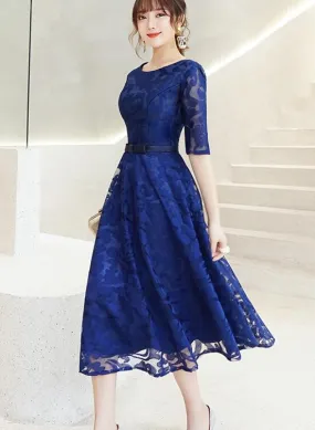 Fashionable Lace Blue Short Sleeves Bridesmaid Dress, Wedding Party Dress