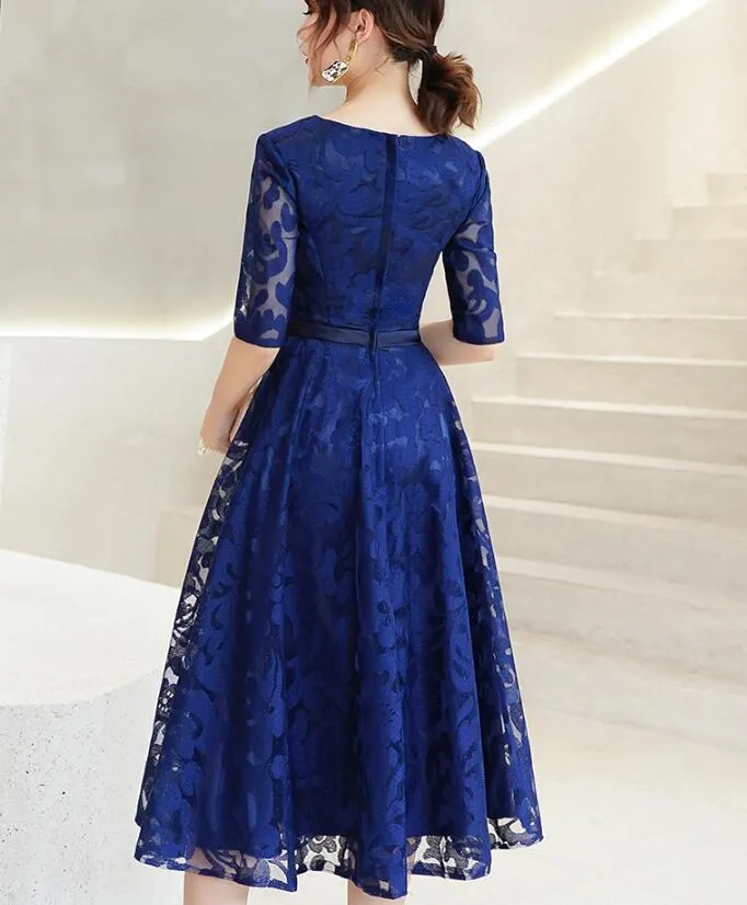 Fashionable Lace Blue Short Sleeves Bridesmaid Dress, Wedding Party Dress