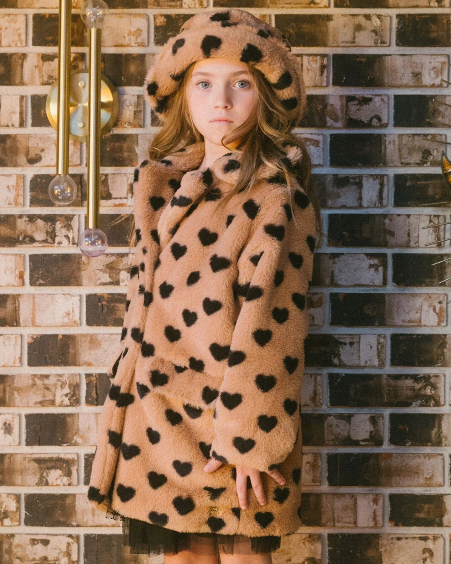 Faux Fur Long Coat Caramel Printed Heart