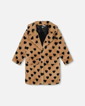 Faux Fur Long Coat Caramel Printed Heart